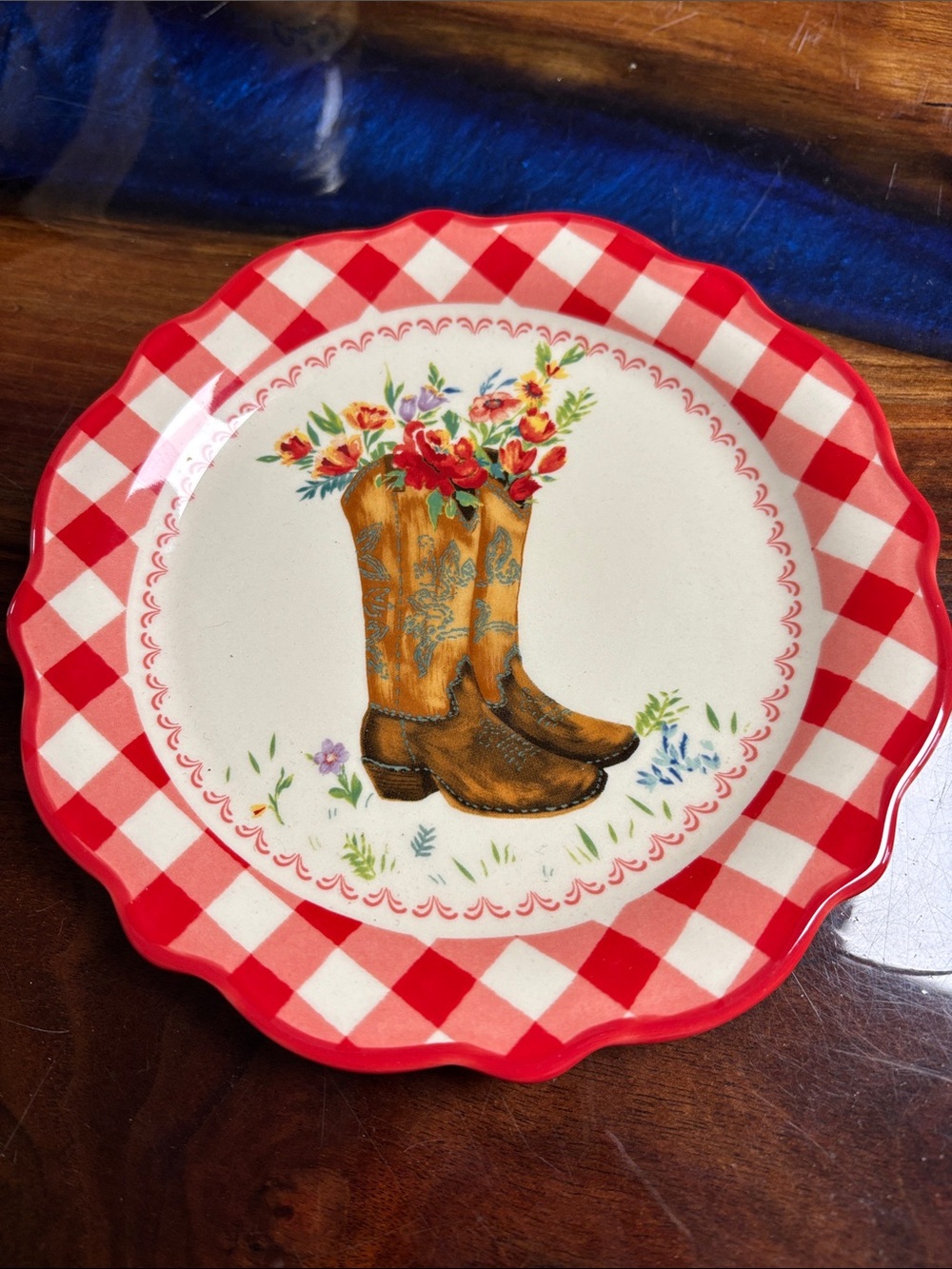 The Pioneer Woman Red Gingham Cowboy Boot small Plate